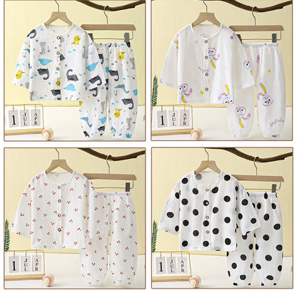Children's Thin Double-Layer Gauze Pajamas Two-Piece Set Summer Girls Home Clothes Baby Boy Long-Sleeved Bloomers Set