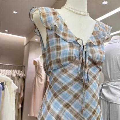Fashion New Summer French Elegant Temperament Gentle Ruffled Plaid Dress Women's Summer Slimming Age-Reducing Long Dress