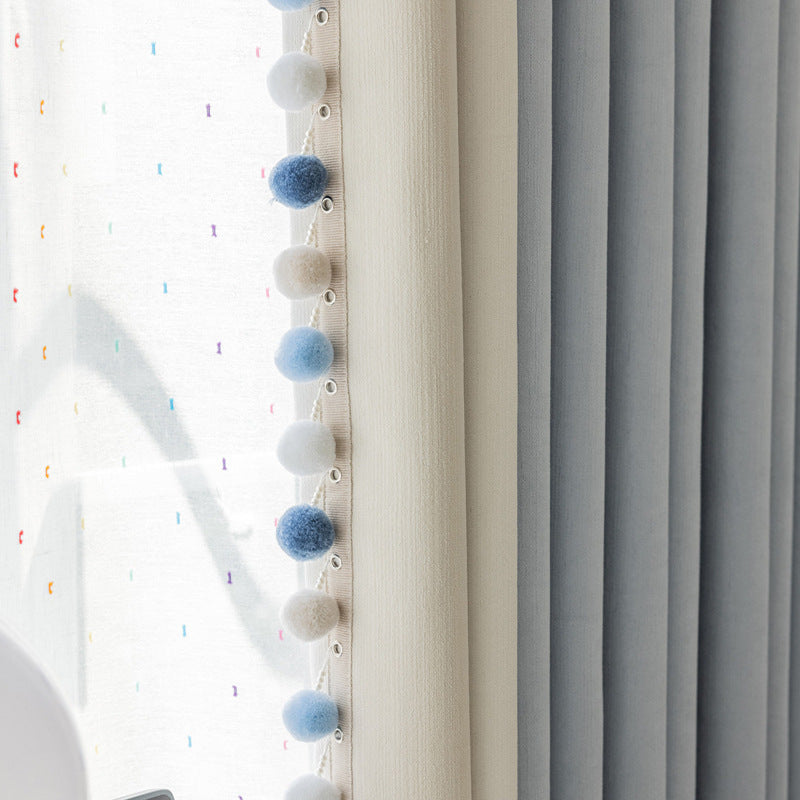 Cream-Colored Chenille Blackout Curtains for Children's Room, Sleeping Beauty Style, with Pom-Pom Design, Custom-Made Finished Product
