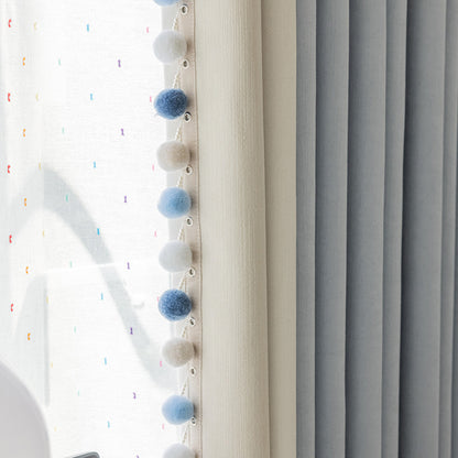 Cream-Colored Chenille Blackout Curtains for Children's Room, Sleeping Beauty Style, with Pom-Pom Design, Custom-Made Finished Product
