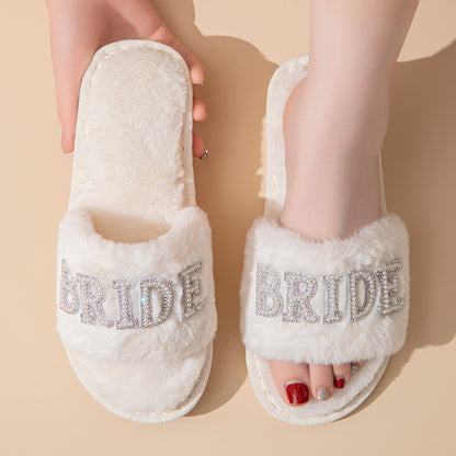 Beide Mrs Ido Pearl Letter Stuffed Slippers Wedding Party Bridal Fur Slippers Cross-Border Popular Cotton Slippers
