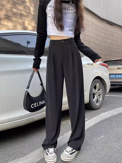 Gray Suit Pants for Women Spring and Summer New High-Waisted Double Pleated Slim Floor-Length Trousers Casual Straight Wide-Leg Pants