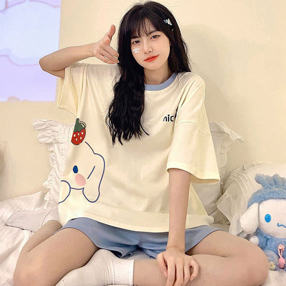 New Style Pajamas Women's Summer Short-sleeved Pullover Thin Cartoon Cartoon Bear Girl Home Clothes suit Women's Outwear
