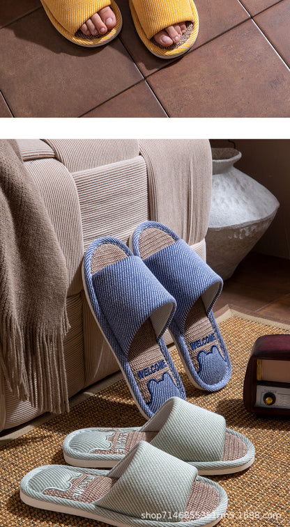 Linen Slippers Men's Breathable Indoor Home Non-slip Soft Bottom Mute Sweat Absorbing Spring and Autumn Four Seasons Foot Bear Floor Slippers