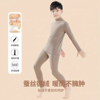 Mid-high collar children's velvet thermal suit for boys ground plush cold-proof one-piece velvet large children's thick thermal underwear