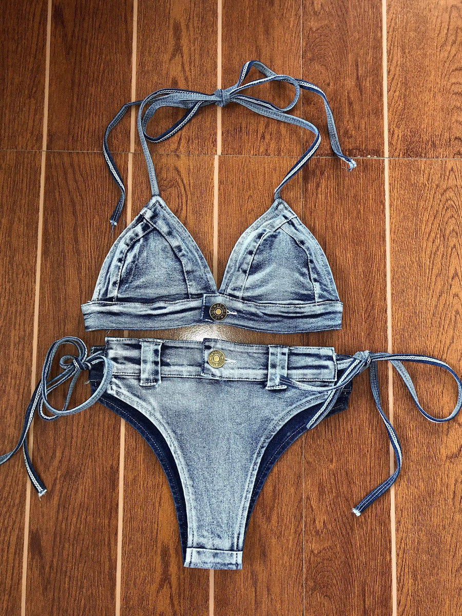 Spice Girls Shown Figure Sexy Denim Bikini Beach suit Ins Vacation Photo Cyber Celebrity Hanging Neck Split Swimsuit