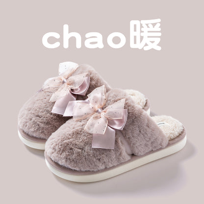 Bow Plush Cotton Slippers for Women Autumn and Winter 2025 New Warm Indoor Home Soft Sole Anti-Slip Confinement Slippers