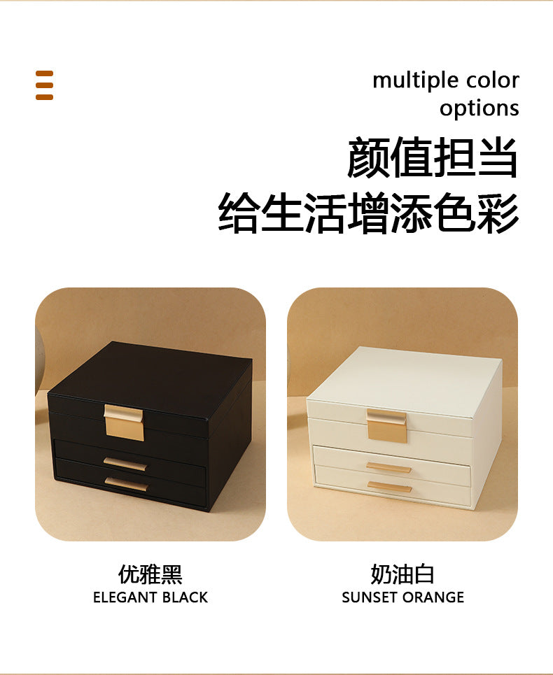 Cross-border PU three-layer cosmetic mirror with LED light high-end jewelry box earring ring necklace bracelet princess jewelry box