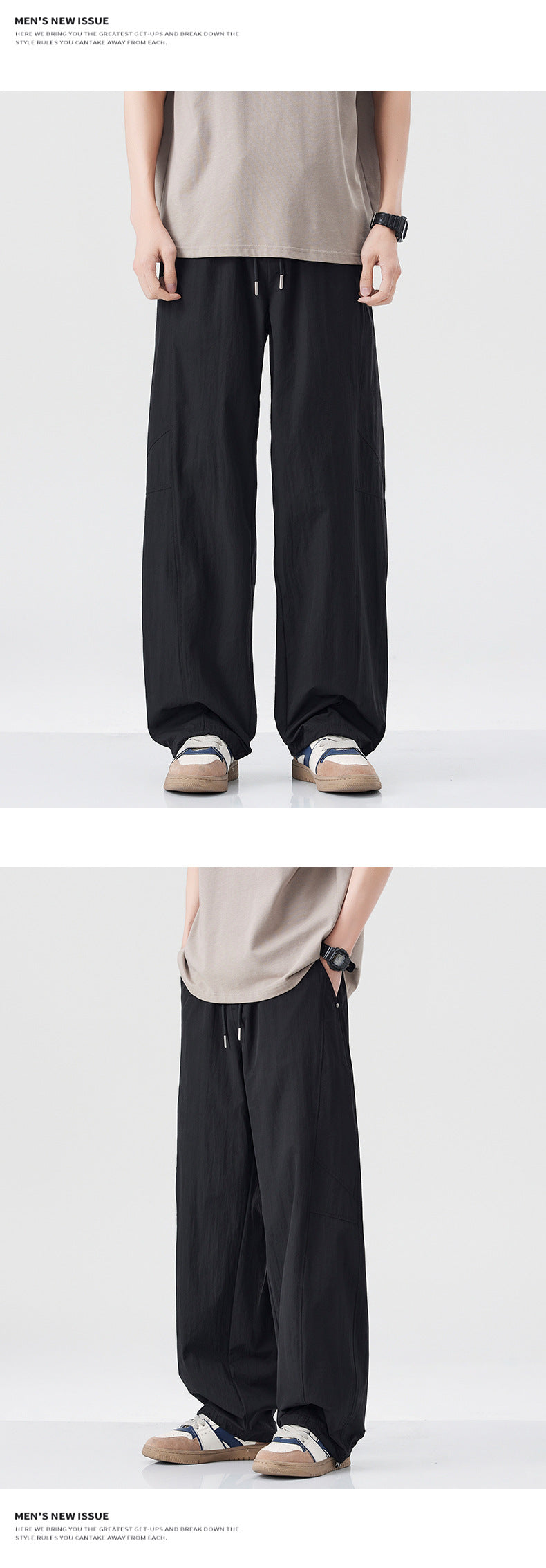 Danpaoni | summer thin casual pants men's American fashion retro loose straight pants elastic waist youth pants