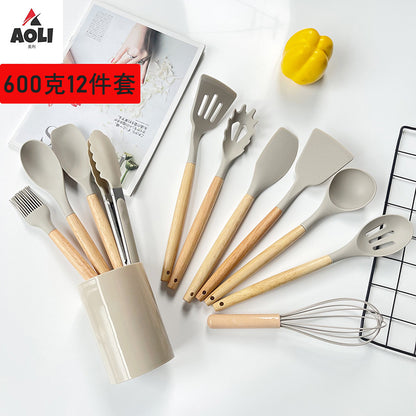 Wholesale Wooden Handle Silicone Kitchenware 12 Pieces suit Household Non-Stick Cooking High Temperature Resistant Cooking Silicone Spoon suit