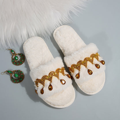 Thick-Soled Furry Slippers for Women in Autumn and Winter Indoor and Outdoor 2025 New Tassel Rhinestone Plush Slippers One-Line Cotton Slippers for Women