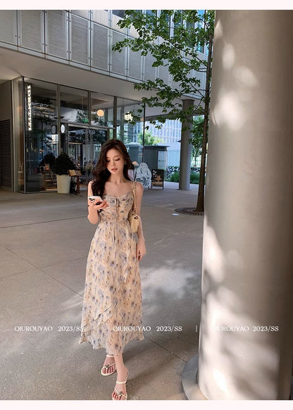 French Style Waisted Gentle Floral dress Women's Seaside Beach Vacation Fairy dress Elegant Pure Slip Dress