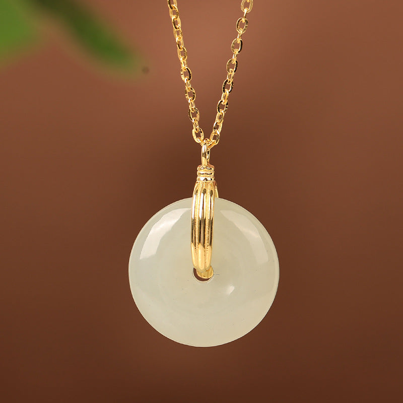 S925 Sterling Silver Clavicle Necklace Women's New Chinoiserie Natural Hetian Jade Safety Buckle Pendant Retro Accessible Luxury Simple Accessories