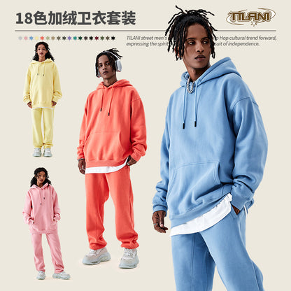 Tilani Men's Clothing European and American Trendy Brand High Quality 350g Fleece-Lined Thick Men's and Women's Hooded Sweatshirt and Sweatpants Pure Color Suit