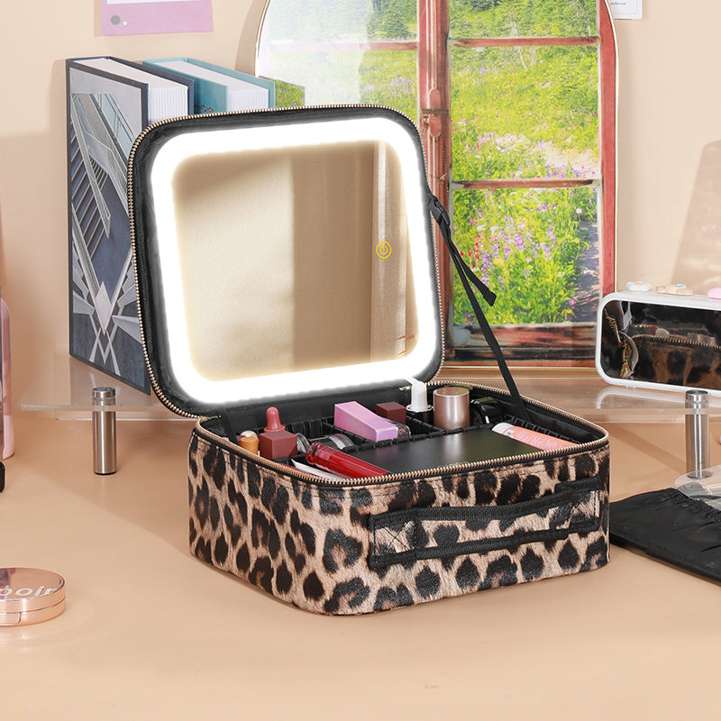 New Style Cosmetic Bag with Light and Mirror Led Light Rechargeable Portable Travel Makeup Cosmetics Cosmetics Bag Ins Style