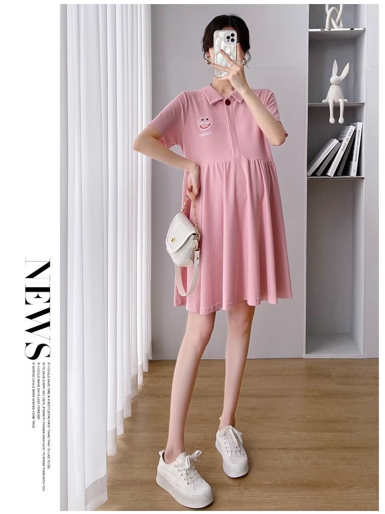 Pregnant Women's Dress Women's Summer Trendy Mom Thin Short-sleeved Top Pink Polo Collar Fashion Nursing Summer Dress