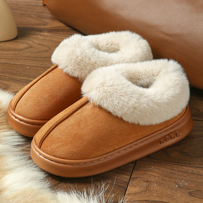 2025 Cross-Border New Pure Color Suede Splicing Home Slippers Thick-Soled Non-Slip Plush Warm Couple Cotton Shoes for Women