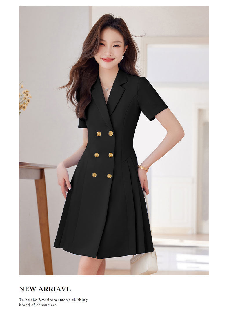 French Hepburn Style Small Black Dress High Sense High Cold Royal Sister Fried Street Small Fragrance Style Pleated Professional Suit dress Summer