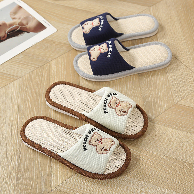 Bear Style Indoor Linen Slippers for Women Summer Home Non-Slip Women's Spring & Fall Seasons Fabric Floor Mops