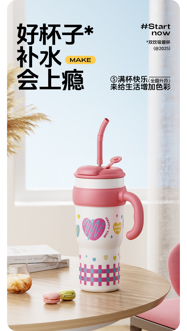 New Model Giant Double Drinking Straw Thermos Cup, Large Capacity Water Bottle for Women, High Aesthetic Value, Ice-Retaining with Handle