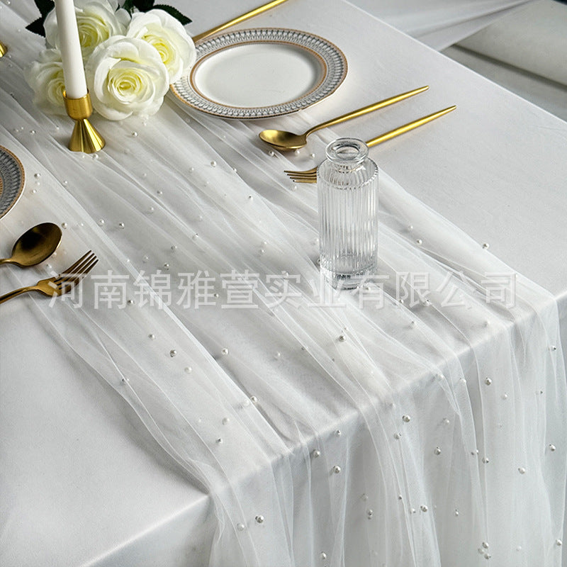 Amazon Pearl Tulle Lace Table Runner Wedding Party Outdoor Decoration Tablecloth Amazon Manufacturer Supply
