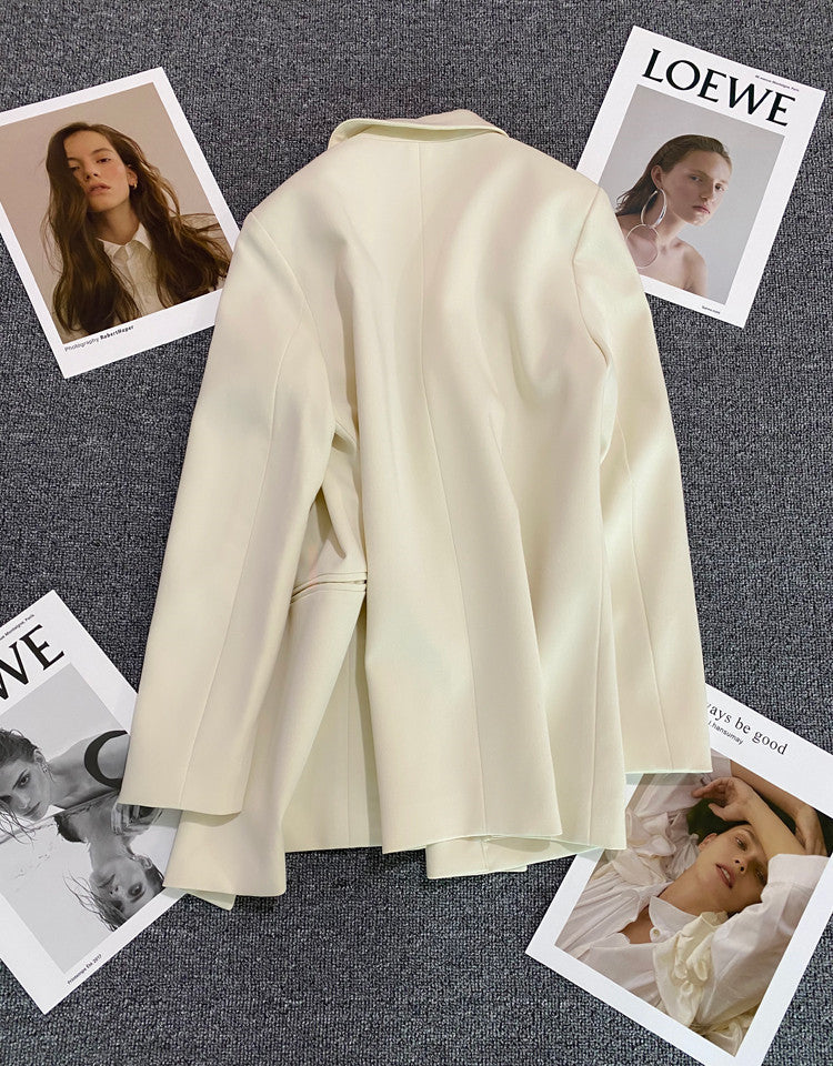 Green Metal Buckle Korean Style 2024 Spring and Autumn New Milk White Suit Jacket Women's Casual All-match High-end Suit