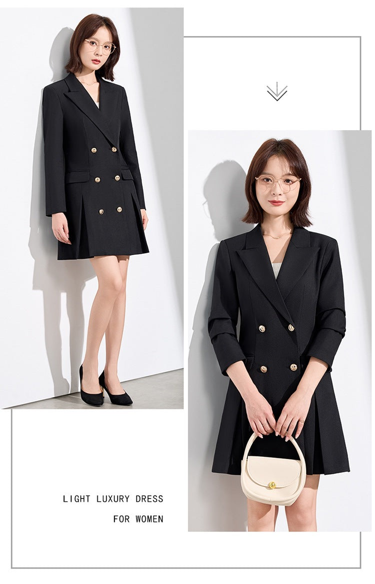 French Hepburn Style Small Black Dress High Sense High Cold Royal Sister Fried Street Small Fragrance Style Pleated Professional Suit dress Summer