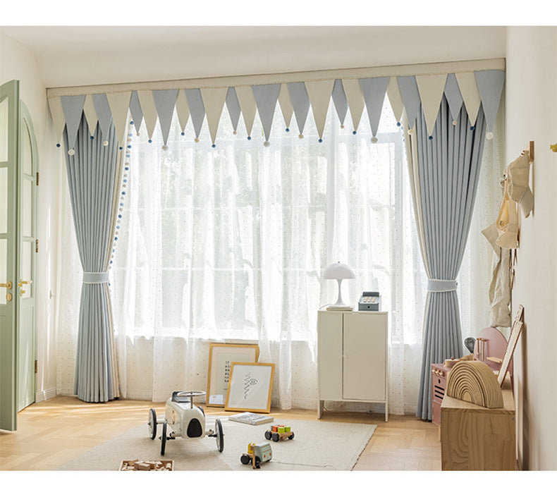 Cream-Colored Chenille Blackout Curtains for Children's Room, Sleeping Beauty Style, with Pom-Pom Design, Custom-Made Finished Product