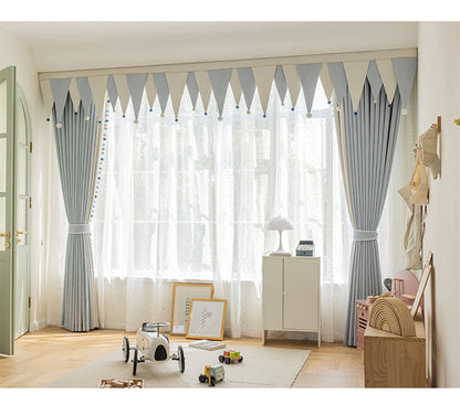 Cream-Colored Chenille Blackout Curtains for Children's Room, Sleeping Beauty Style, with Pom-Pom Design, Custom-Made Finished Product