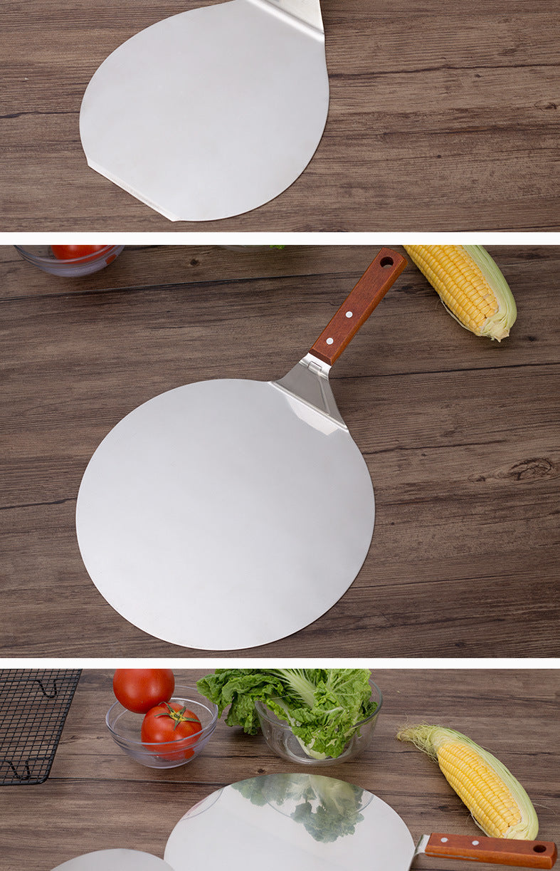 Stainless steel pizza shovel 10 inch wooden handle large round cake shovel mobile blade baking tool small 8 inch