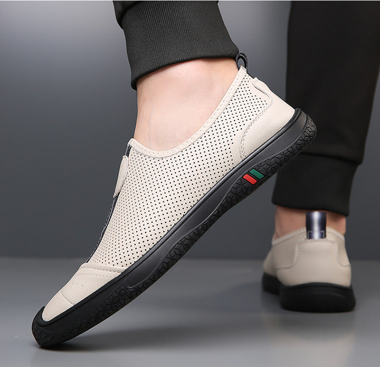 Doug Shoes Men's 2024 New Spring Lazy Slip-on Loafers Soft Bottom Driving Shoes Men's Hollow Leather Shoes