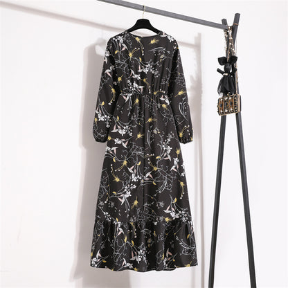 Cross-border Foreign Trade Floral Chiffon Long Dress Women's Spring Dress Long Sleeve Crewneck Base Skirt Waist Slim Long Dress