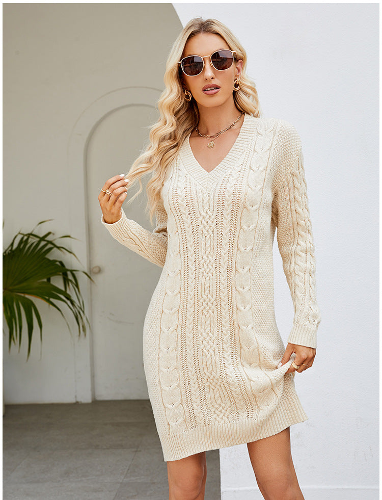 Cross-Border European and American Clothing Pure Color V Neck Long Sweater Dress Autumn and Winter Fashion Elegant Cable Bottoming Knitted Dress