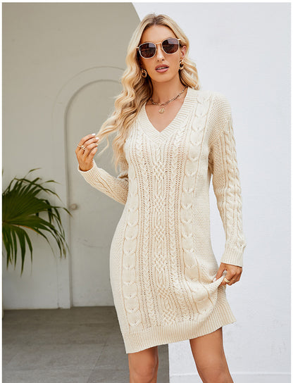 Cross-Border European and American Clothing Pure Color V Neck Long Sweater Dress Autumn and Winter Fashion Elegant Cable Bottoming Knitted Dress
