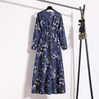 Cross-border Foreign Trade Floral Chiffon Long Dress Women's Spring Dress Long Sleeve Crewneck Base Skirt Waist Slim Long Dress