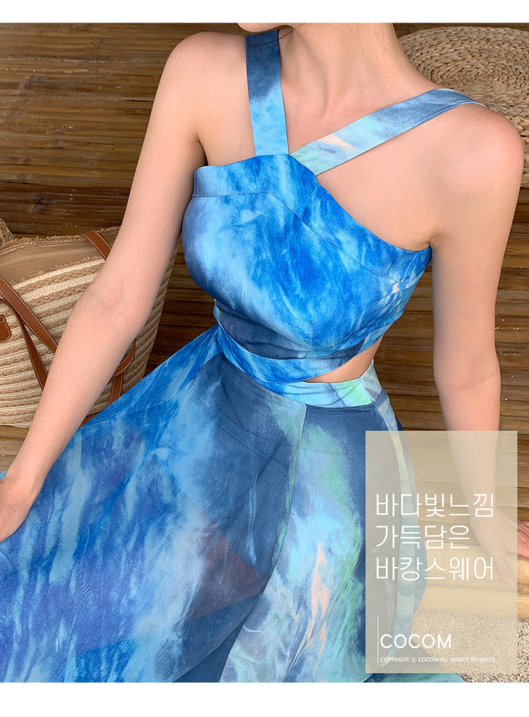 Foreign Trade Women's 2025 Summer New Temperament Sling Long Dress Fashion Waist Chiffon Printed Large Swing Dress dress