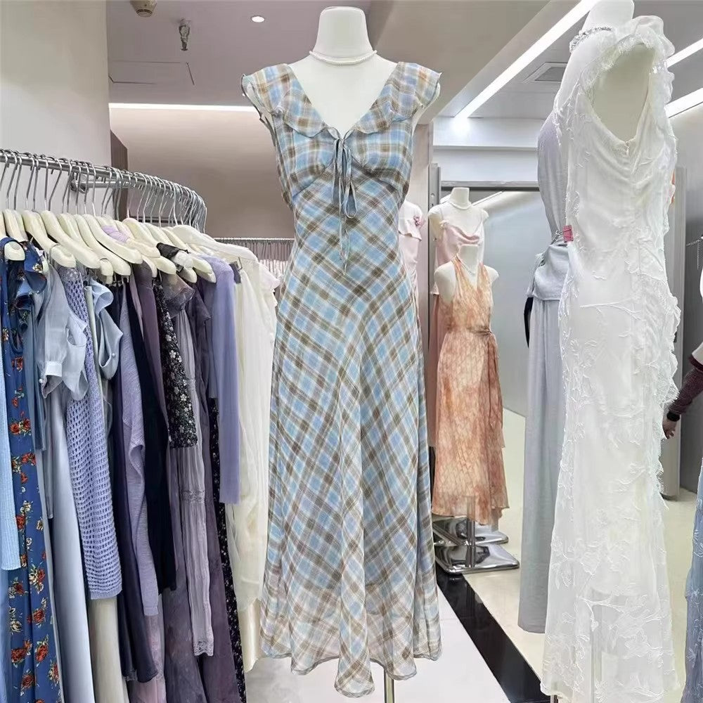 Fashion New Summer French Elegant Temperament Gentle Ruffled Plaid Dress Women's Summer Slimming Age-Reducing Long Dress
