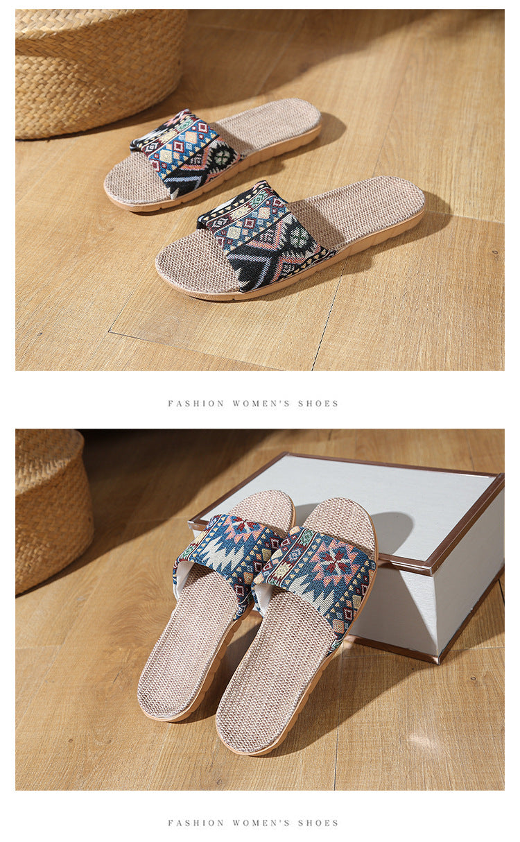 Four Seasons Home Linen Slippers Fashion Printed Thick Sole Non-Slip Sweat-Absorbent Wear-Resistant Large Sole Couple Linen Slippers Ethnic Style