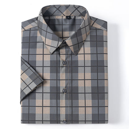 New 2025 Summer New Men's Short-Sleeved Bamboo Fiber Plaid Shirt Casual Half-Sleeved Pocketless Men's Lining