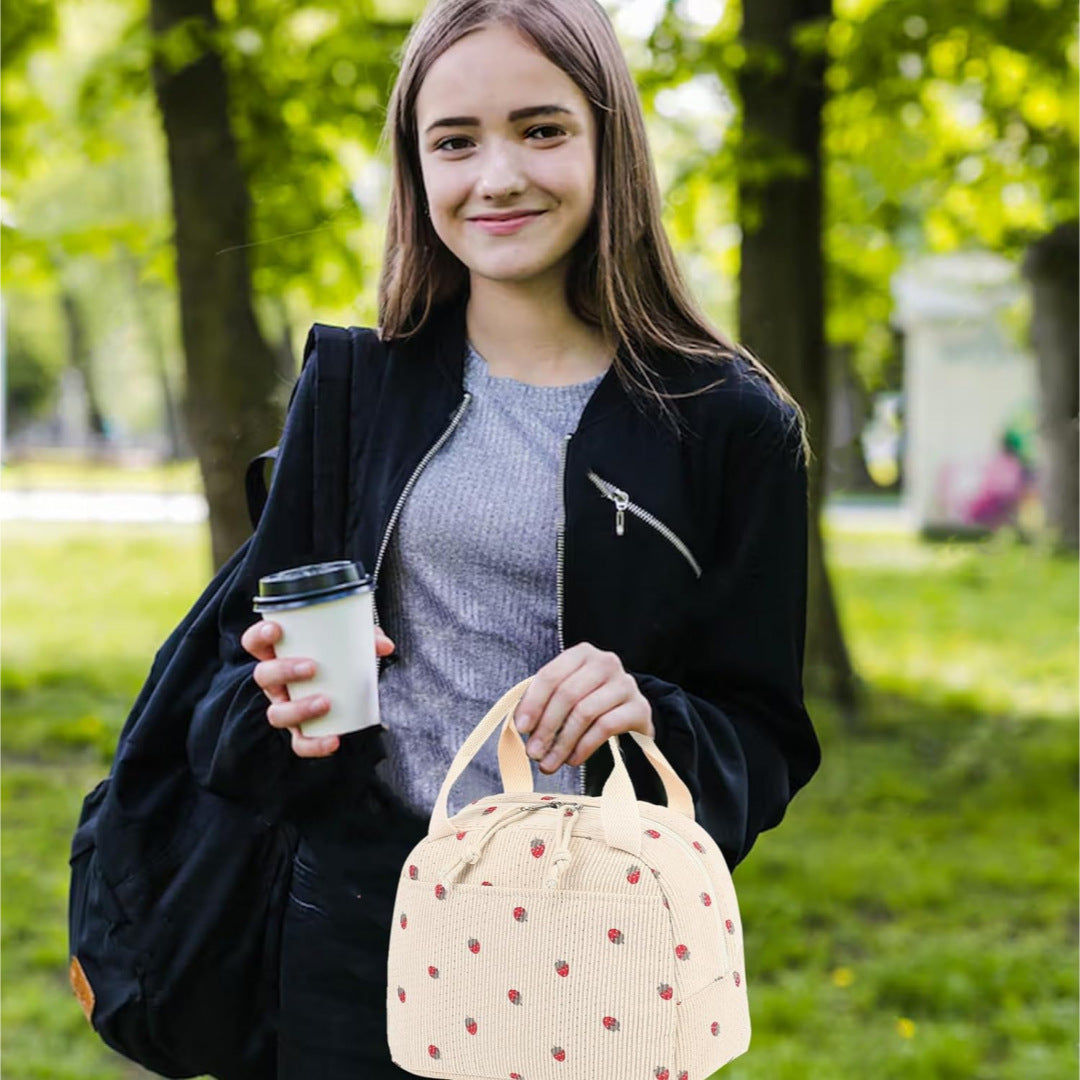 Cross-Border New Product Corduroy Printed Portable Lunch Bag Large Capacity Travel Picnic Ice Bag Work Insulation Bag