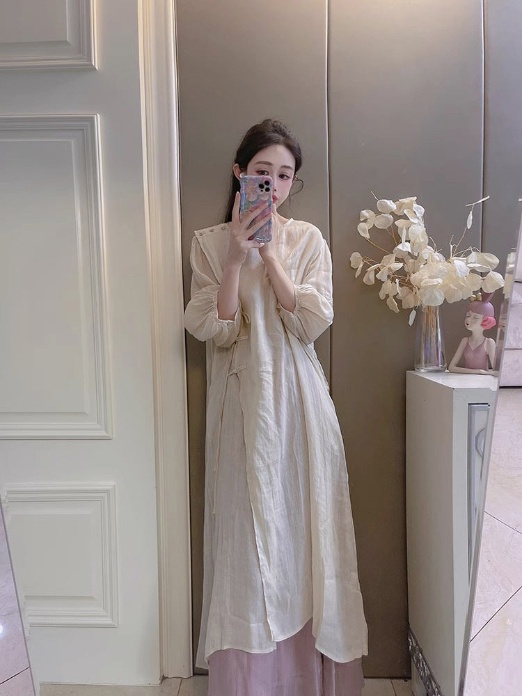 Summer New Style Quality Ramie Handmade Buckle Lace Lace Guofeng dress Double-Layer Skirt suit