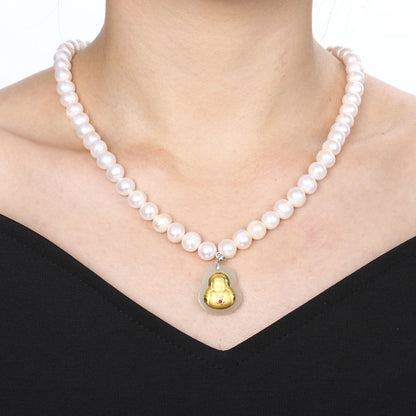 8-9 Natural Freshwater Pearl Necklace, Gold-Inlaid Jade Small Buddha Jade Necklace, Gift for Mom on Mother's Day