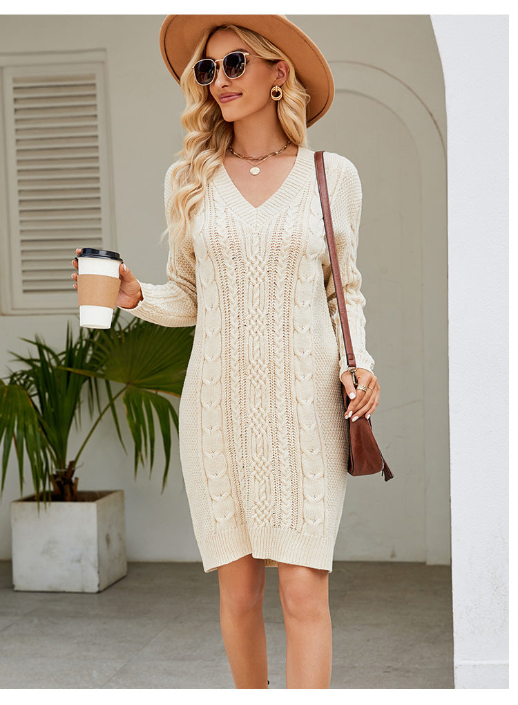 Cross-Border European and American Clothing Pure Color V Neck Long Sweater Dress Autumn and Winter Fashion Elegant Cable Bottoming Knitted Dress