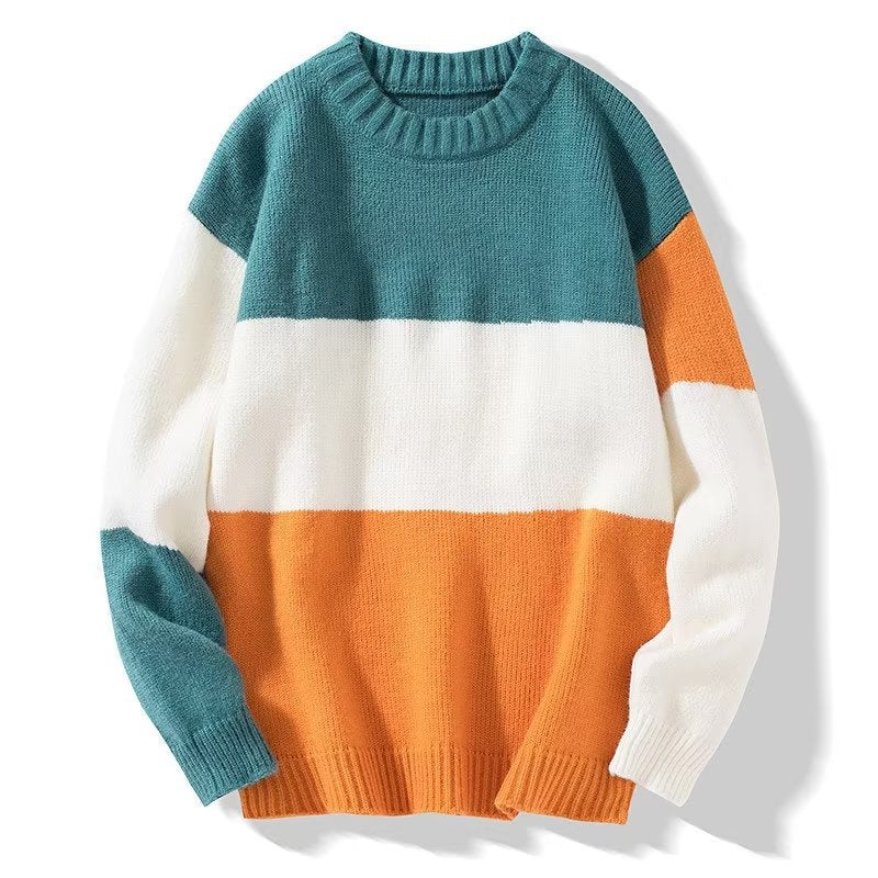 2023 autumn and winter new men's striped sweater men's casual trendy bottoming shirt color matching pullover trendy brand sweater men