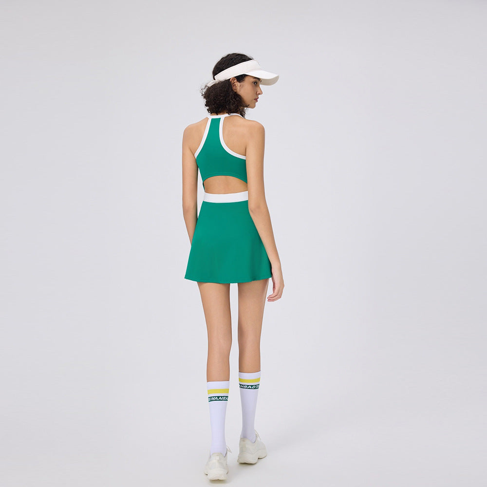 Summer Halter Neck Casual Skin-Friendly Golf Tennis Dress for Women with Built-In Leggings and Tight Fit Pickleball Skirt
