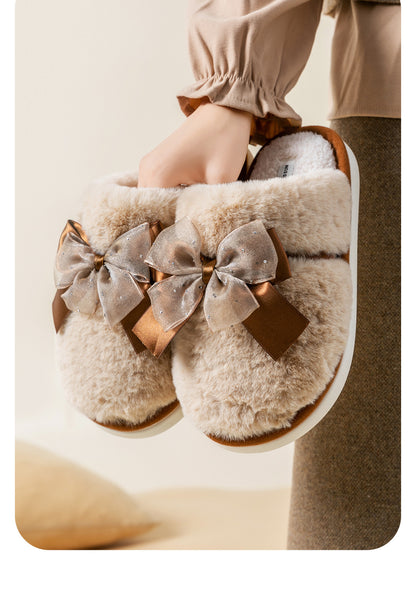 Bow Plush Cotton Slippers for Women Autumn and Winter 2025 New Warm Indoor Home Soft Sole Anti-Slip Confinement Slippers