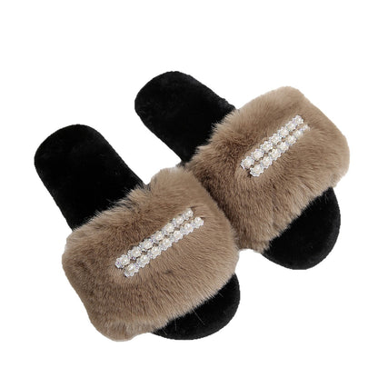 New Foreign Trade Pearl Chain Large Plush Flat Slippers for Women, Fashionable Open-Toe Home Cotton Slippers for Cross-Border