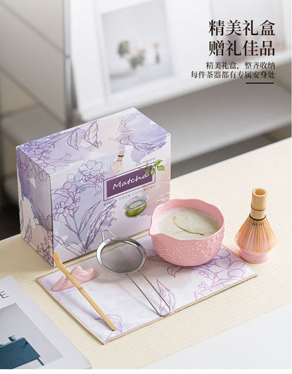 Directly Supplied from the Manufacturer, Exclusively for Cross-Border Trade, Ceramic Matcha Bowl Set with Embossed Cherry Blossom Design, 7-Piece Set with Spout, High Aesthetic Value, Color Box Packaging