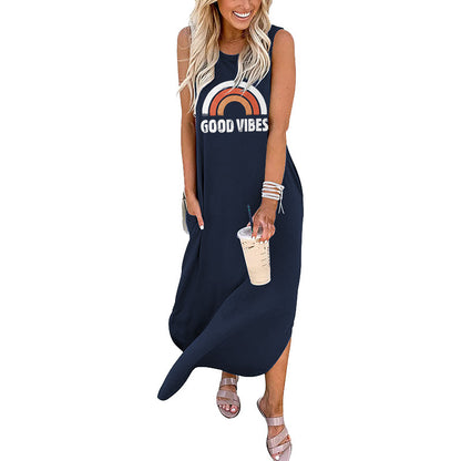 Spot Amazon Independent Station Ebay Women's Dress Good Vibes Rainbow Flap Pocket Pants Casual Sleeveless Long Skirt