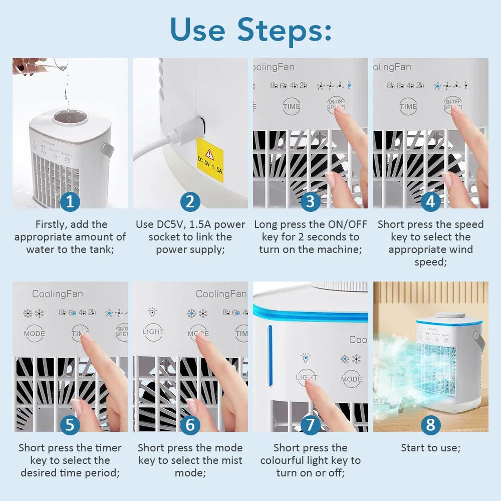 3 In 1 Portable Cooling Fan Desktop Humidifier 4 Gears Air Conditioners With Night Light Water Mist For Home Office Use